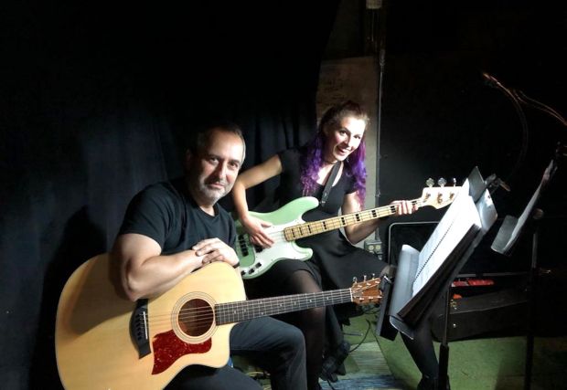 In the pit with my Taylor 214ce-QM DLX (with cutaway body), October 2021