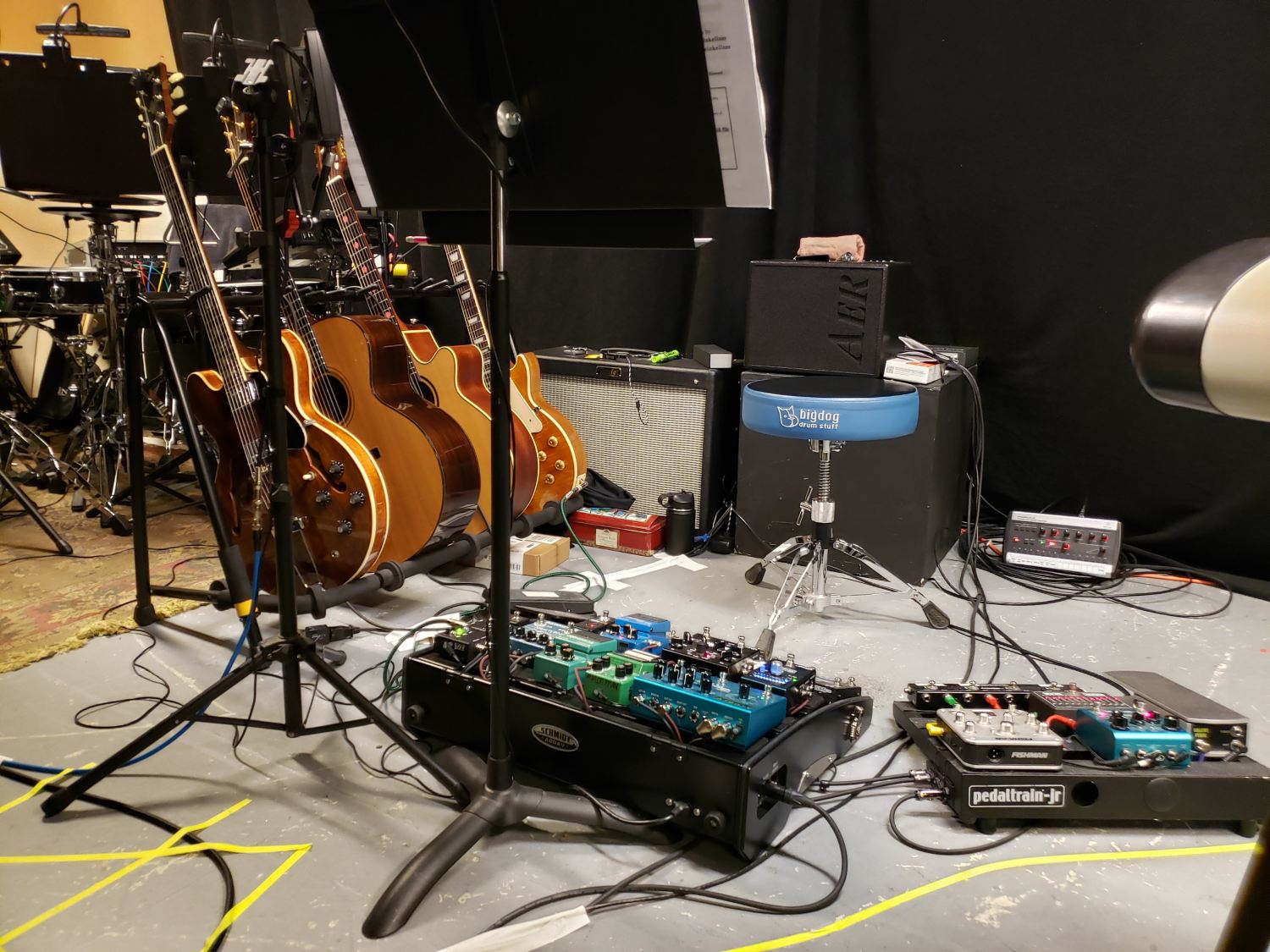 Guitar equipment setup for Sister Act at Taproot Theatre, 2024